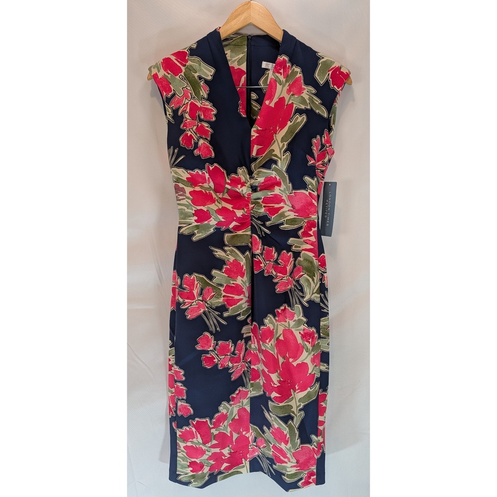 London Times Petites Navy Berry Floral Ruched Sheath Dress Size 4P NWT